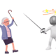 An elderly woman is holding a cane and cheering as a fencer deals with stars spinning around his head. He got crushed. Levels of fencing.